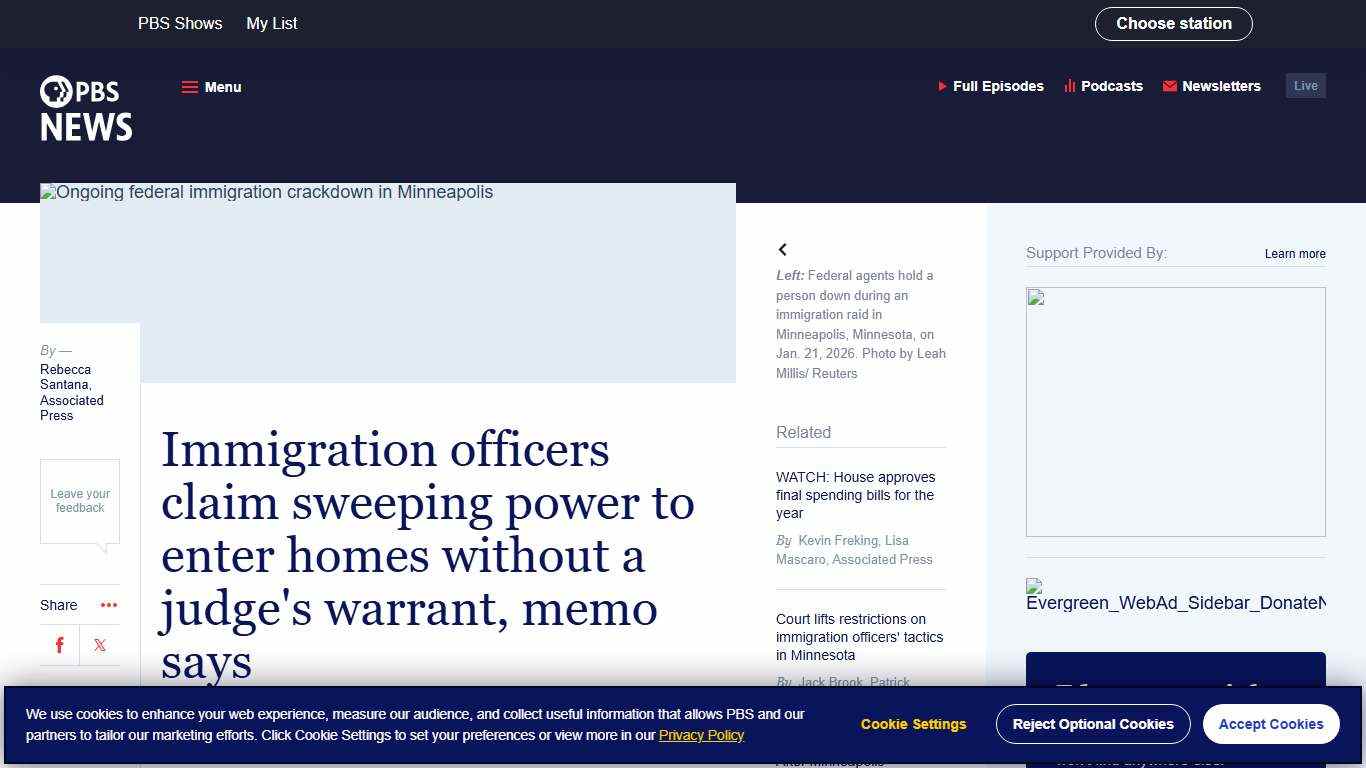 Immigration officers claim sweeping power to enter homes without a judge's warrant, memo says PBS News