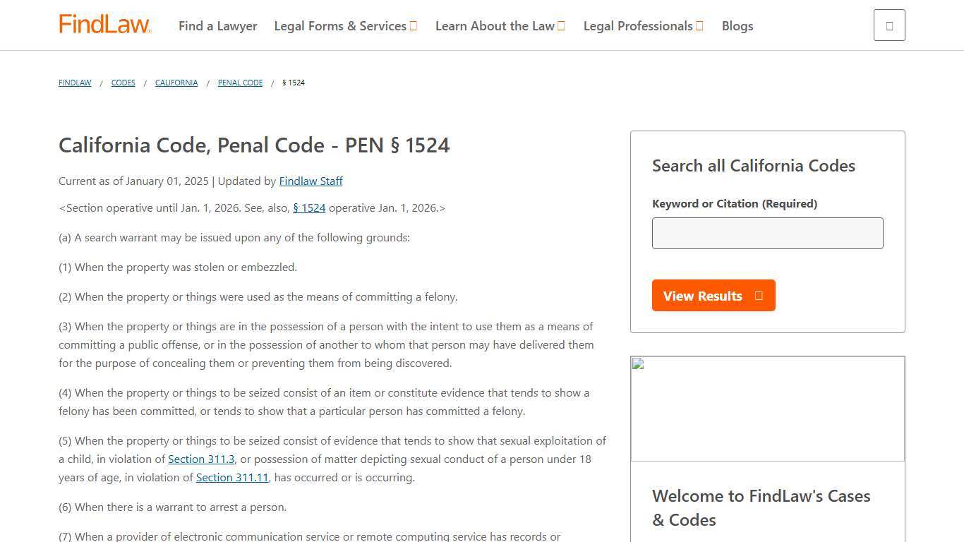 California Code, Penal Code - PEN § 1524 FindLaw